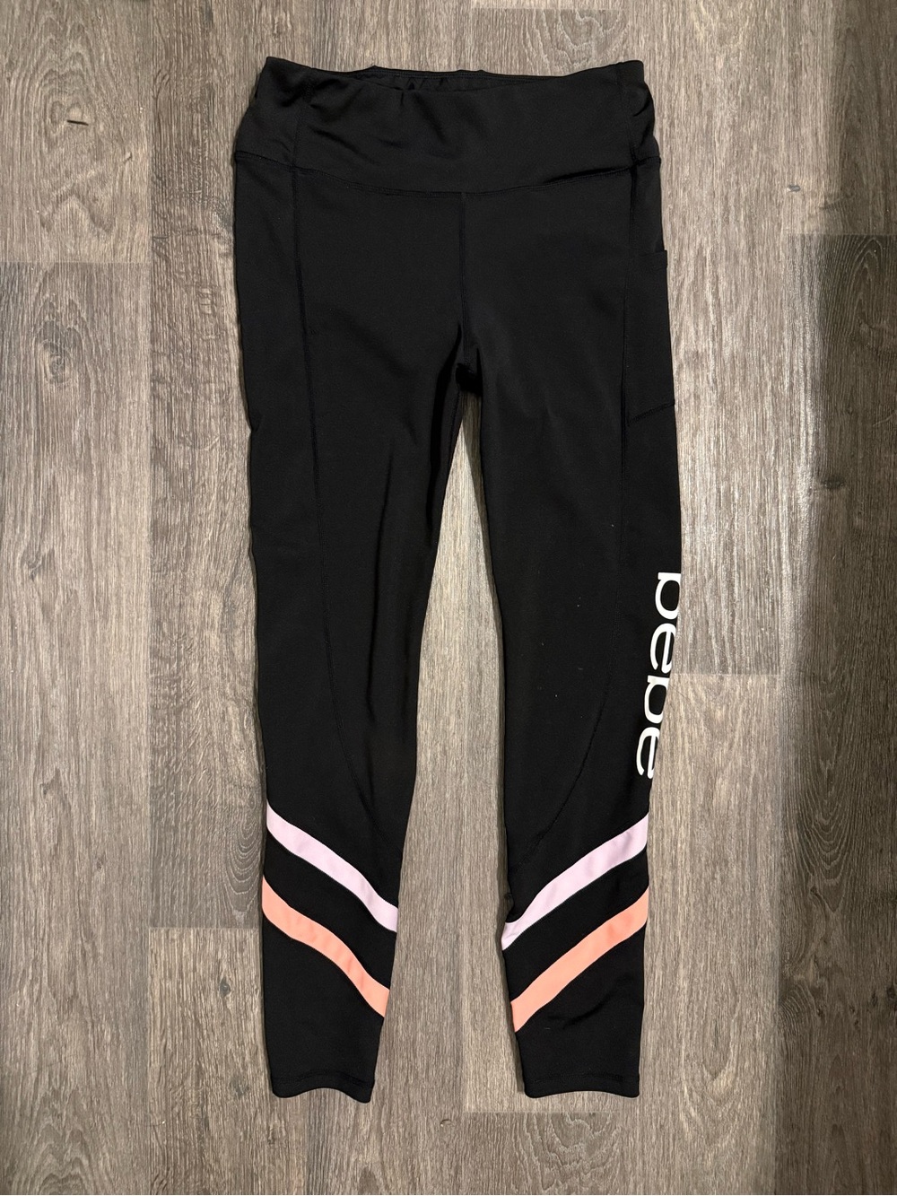 bebe Black Leggings with Pink and Peach Stripes